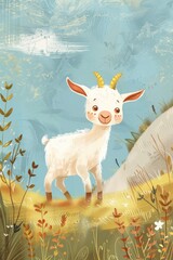 cute goat with nature background. children illustration