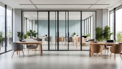 Fototapeta premium An inviting, empty office environment, highlighted by open glass doors and neatly arranged furniture Generative AI