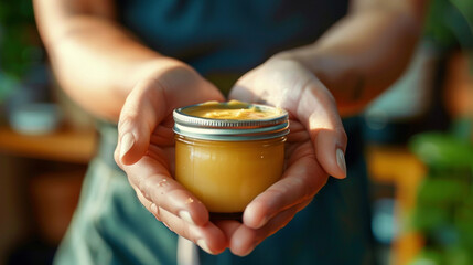 A practitioners calloused hands holding a jar of herbal salve used to treat a variety of ailments and injuries.