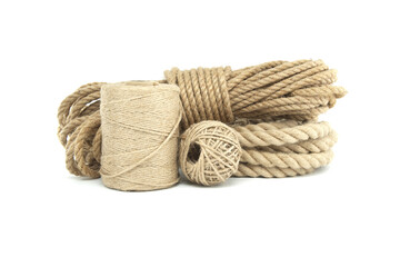 Jute ropes and twines isolated on white background