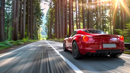 Luxury red sports car driving fast on a forest road with motion blur and sun flare.