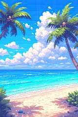 Panorama of a beautiful white sand beach and turquoise water. Holiday summer beach background.. Wave of the sea on the sand beach in pixel art style