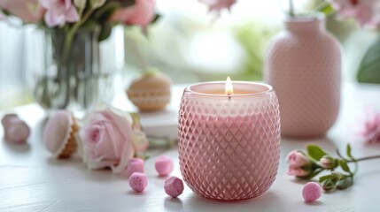 A pink scented candle burning calmly among fresh roses and rose petals on a white table.