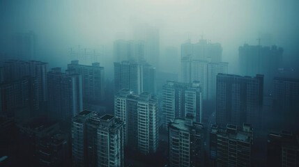 Fototapeta na wymiar analogue still high angle shot of a foggy metropolitan city landscape