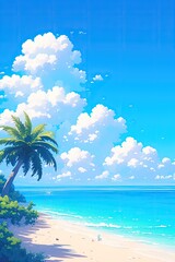 Fototapeta na wymiar Panorama of a beautiful white sand beach and turquoise water. Holiday summer beach background.. Wave of the sea on the sand beach in pixel art style