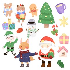 Obraz na płótnie Canvas Christmas Festive Icons with Santa Claus, Cartoon Elves, Snowmen, and Holiday Decorations in a Seamless Vector Pattern, Perfect for Winter Celebrations and New Year's