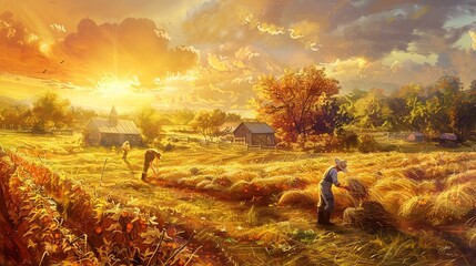 Harvest time on the farm, with workers gathering ripe fruits and vegetables under the warm glow of the afternoon sun. - obrazy, fototapety, plakaty