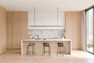 Modern kitchen interior with white marble countertop, Wood cabinet, Black three bar stool, Wood parquet floor, Black window frame. 3d illustration.