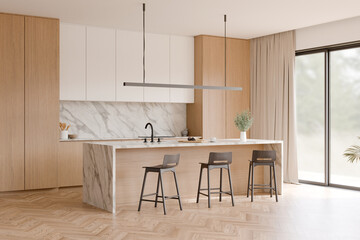 Corner view of modern minimal kitchen interior with white marble countertop, Black three bar stool, Light oak wooden parquet floor, Black window frame. 3d illustration.