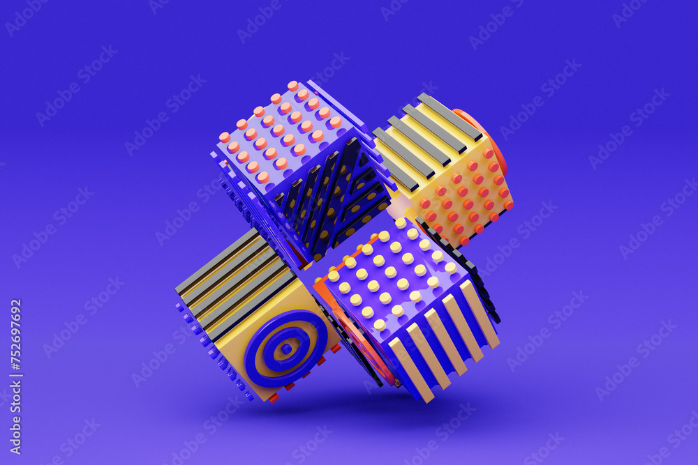 Aufkleber 3d illustration abstract shape with different geometric patterns on each side on a blue background, 