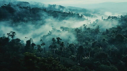 analogue still high angle shot of a foggy rain forest landscape
