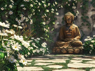 Buddha statue in the garden with white flowers and green leaves, Generative AI illustrations.