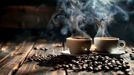 Two cups of coffee with coffee beans and smoke on wooden background, Generative AI illustrations. - obrazy, fototapety, plakaty