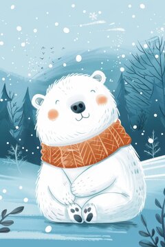 cute polar bear with winter background. children illustration