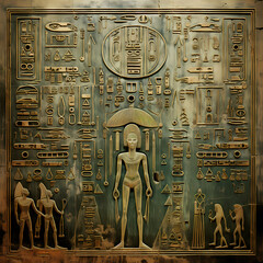 Ancient astronaut deciphering alien hieroglyphs  - obrazy, fototapety, plakaty