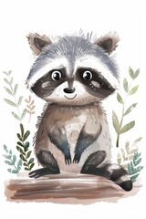 cute raccoon with nature background. children illustration