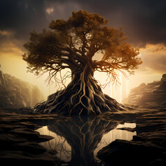 Ancient tree with roots extending into a parallel universe - obrazy, fototapety, plakaty