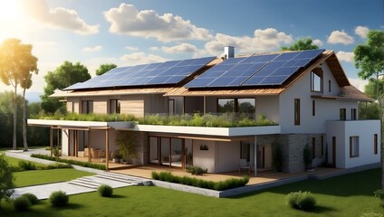 Eco-engineering solar power systems on house roofs for sustainable living environments Generative AI - obrazy, fototapety, plakaty