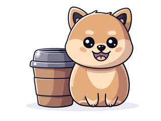 Cute dog drink with coffee cup cartoon on white background