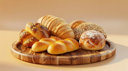 An assortment of artisanal breads from crusty sourdough to soft buttery brioche arranged on a wooden serving platter.