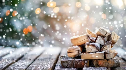 Foto op Plexiglas Snow-dusted firewood piled neatly on a wooden surface, with a blurred festive light backdrop. © tashechka