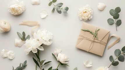 Fototapeta na wymiar Feminine Invitation or greeting card mockup with craft envelope, gift box and white peony flowers and eucalyptus sprigs on light background