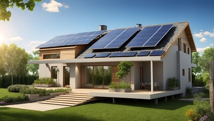 Eco-engineering solar power systems on house roofs for sustainable living environments Generative AI - obrazy, fototapety, plakaty