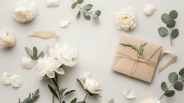 Feminine Invitation or greeting card mockup with craft envelope, gift box and white peony flowers and eucalyptus sprigs on light background