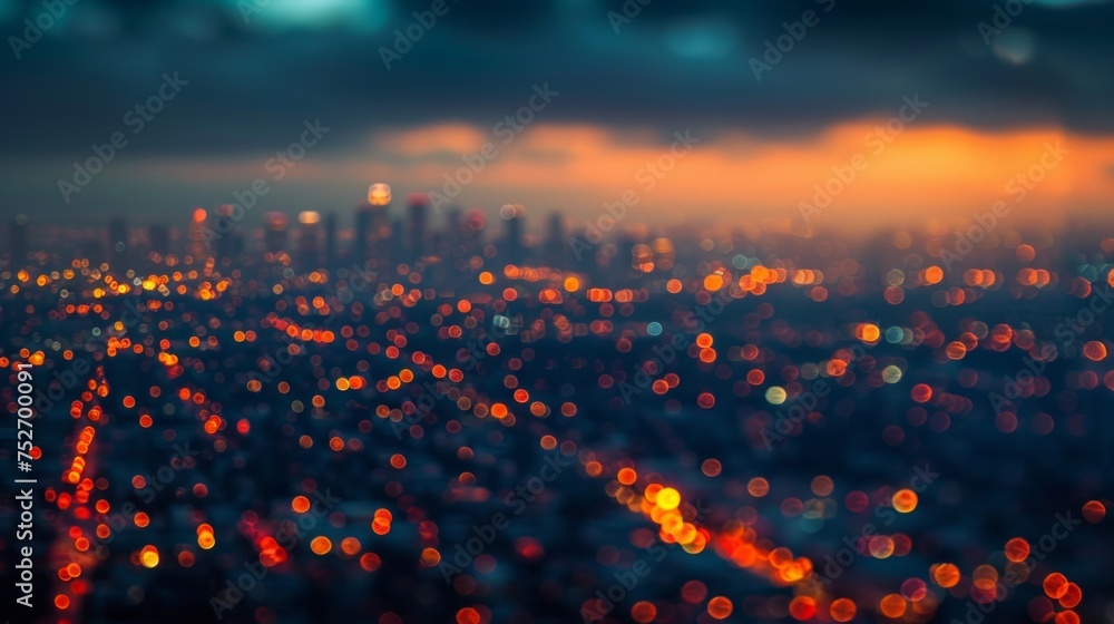 Poster twilight cityscape with a defocused bokeh light pattern creating a dreamy effect.