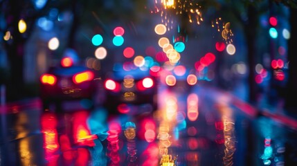 Abstract defocused bokeh lights reflecting on wet city street during a rainy night.
