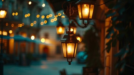 Antique lanterns aglow, illuminating a charming, old-town street at dusk.