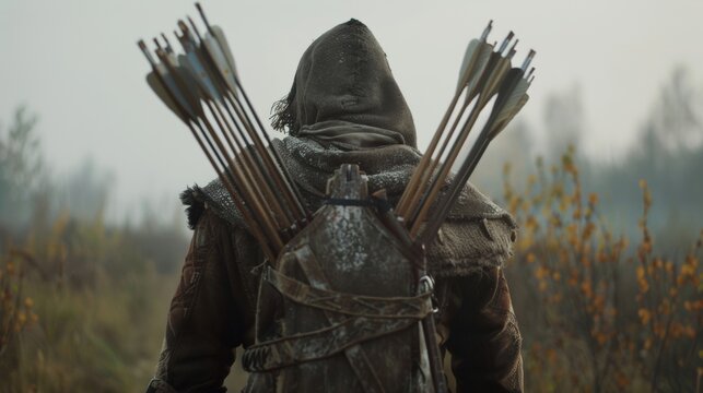 An archer proudly displays his quiver which is filled with a variety of arrows designed for different combat scenarios.