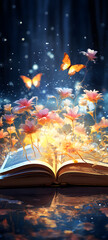 a flaming an open book pages begin to fly above the book, flowers, butterflies and glitter, art background 9:20, ai generative