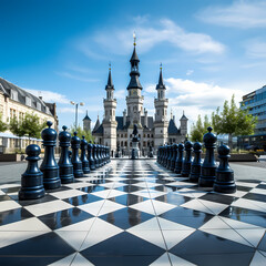 Giant chess pieces on a city chessboard 