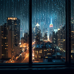 Raindrops on a window with city lights in the background
