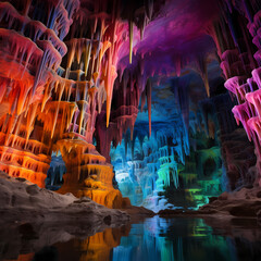 Rainbow-colored waterfall in a crystalline cave