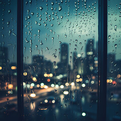 Raindrops on a window with city lights in the background