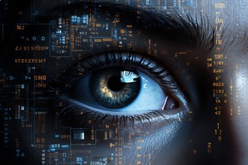 Close-up of a human eye, digital technology overlay, futuristic concept.