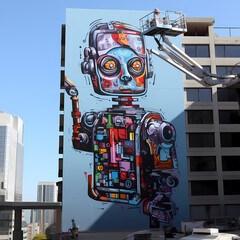 Robot painter creating a mural on a skyscraper