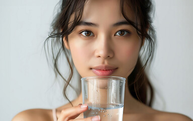 A healthy Asian woman is drinking a glass of clean water on a simplicity and minimalist background.