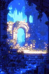 Beautiful mystical landscape with a crystal waterfall and a beautiful cave with crystall background in pixel art style