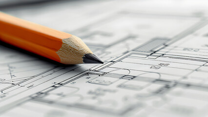 Closeup of pencil on blueprint paper.