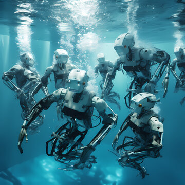 Robot synchronized swimming performance in a digital pool