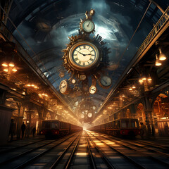 Time-traveling train station with multiple timelines - obrazy, fototapety, plakaty