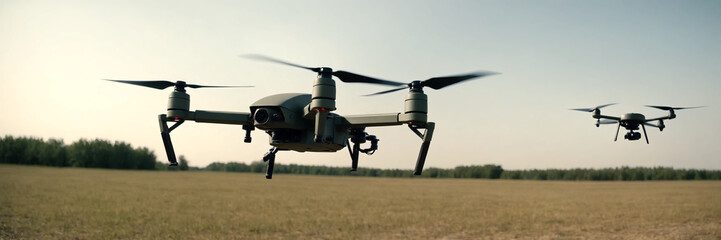 Quadcopter drone flies over a field