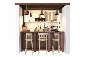 Cozy cottage-style kitchen and bar with vintage decor and a cozy breakfast nook, on isolated white background, Generative AI