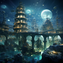 Underwater city with transparent domes and marine life - obrazy, fototapety, plakaty