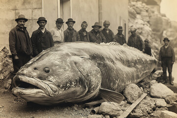male fishermen stand next to record catch of a giant large big fish monster in a Scandinavian village. Old retro vintage documentary archival black and white film photography