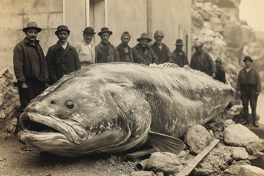 male fishermen stand next to record catch of a giant large big fish monster in a Scandinavian village. Old retro vintage documentary archival black and white film photography