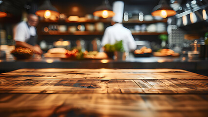 Empty wooden table with chef cooking in restaurant kitchen background. - obrazy, fototapety, plakaty